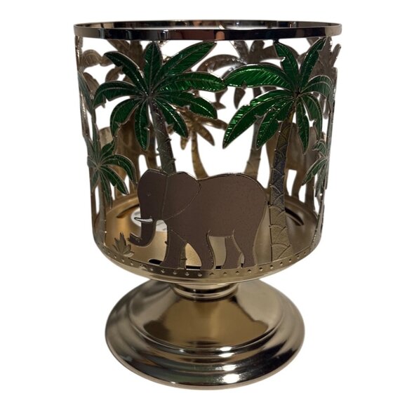 Bath and Body Works Elephant & Palm Tree Gold Candle Holder 6 x 4" Like New - Picture 1 of 9